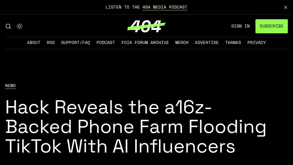 Screenshot of 404media.co: A16z-backed Doublespeed hacked, revealing what its AI-generated accounts promote