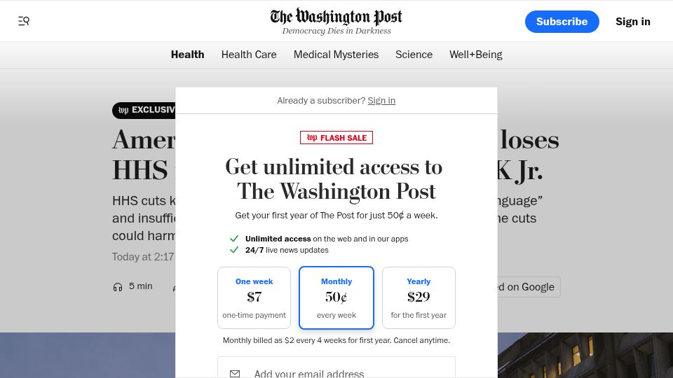 Screenshot of washingtonpost.com: American Academy of Pediatrics loses HHS funding after criticizing RFK Jr.