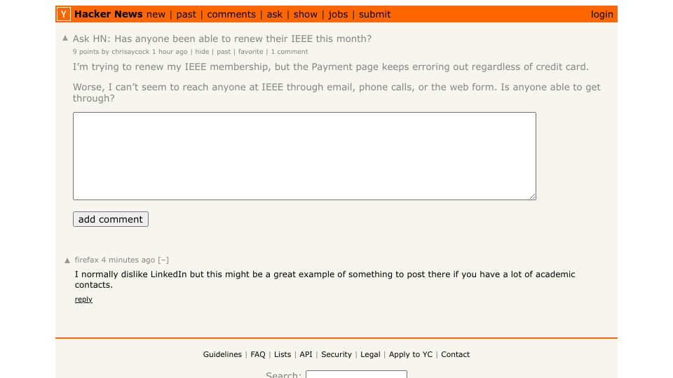 Screenshot of Hacker News post: Ask HN: Has anyone been able to renew their IEEE this month?