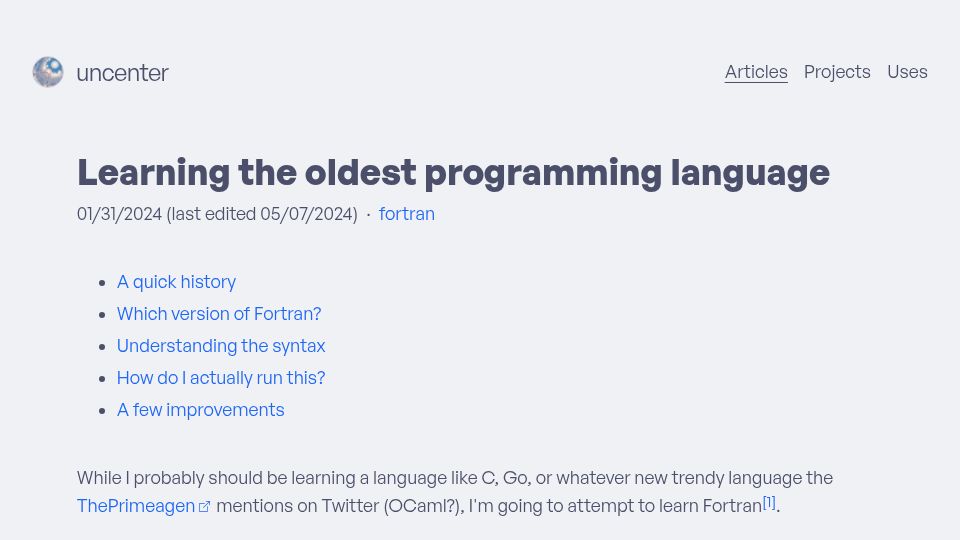 Screenshot of uncenter.dev: Learning Fortran (2024)