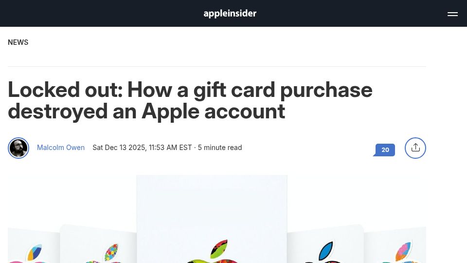 Screenshot of appleinsider.com: Locked out: How a gift card purchase destroyed an Apple account
