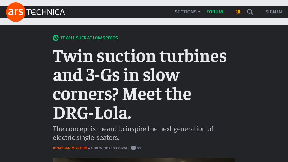 Screenshot of arstechnica.com: Twin suction turbines and 3-Gs in slow corners? Meet the DRG-Lola