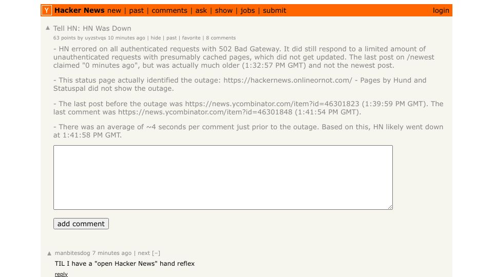 Screenshot of Hacker News post: Tell HN: HN was down
