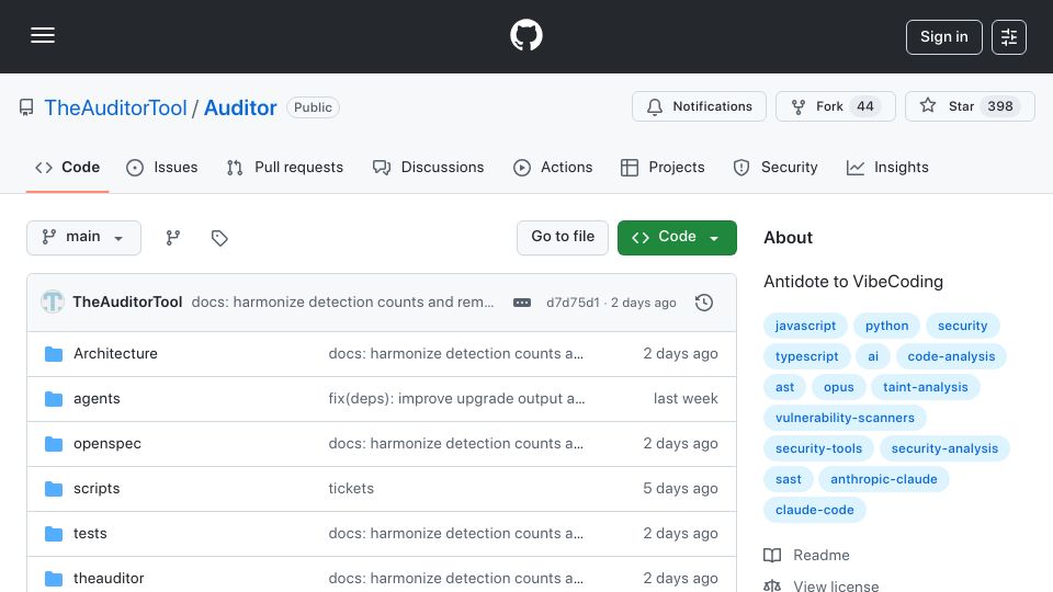 Screenshot of github.com: Show HN: TheAuditor v2.0 – A “Flight Computer” for AI Coding Agents