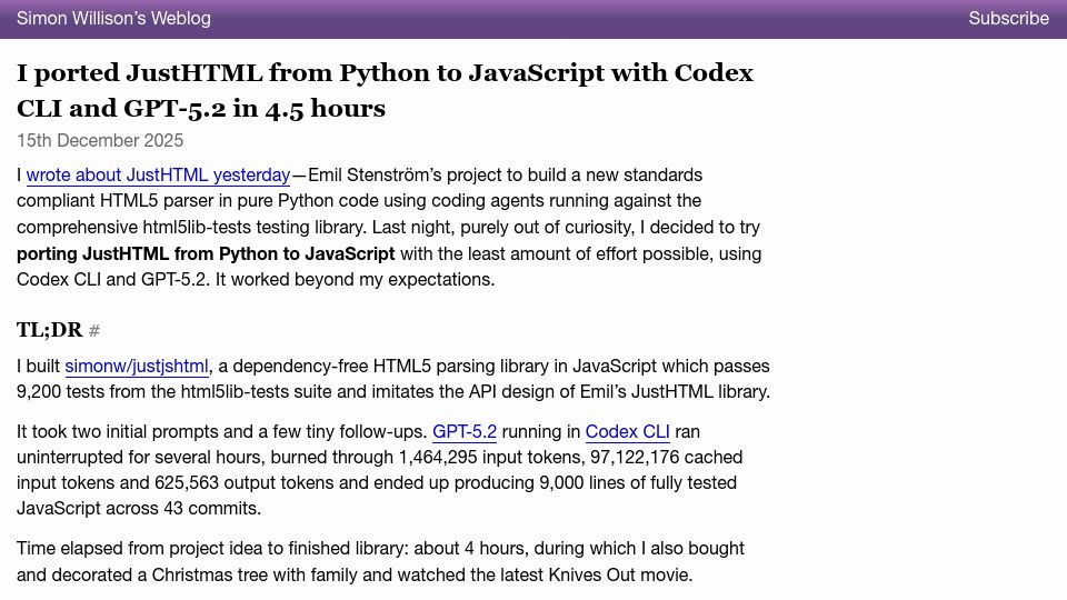 Screenshot of simonwillison.net: I ported JustHTML from Python to JavaScript with Codex CLI and GPT-5.2 in hours