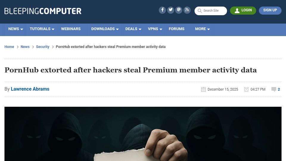 Screenshot of bleepingcomputer.com: Pornhub extorted after hackers steal Premium member activity data