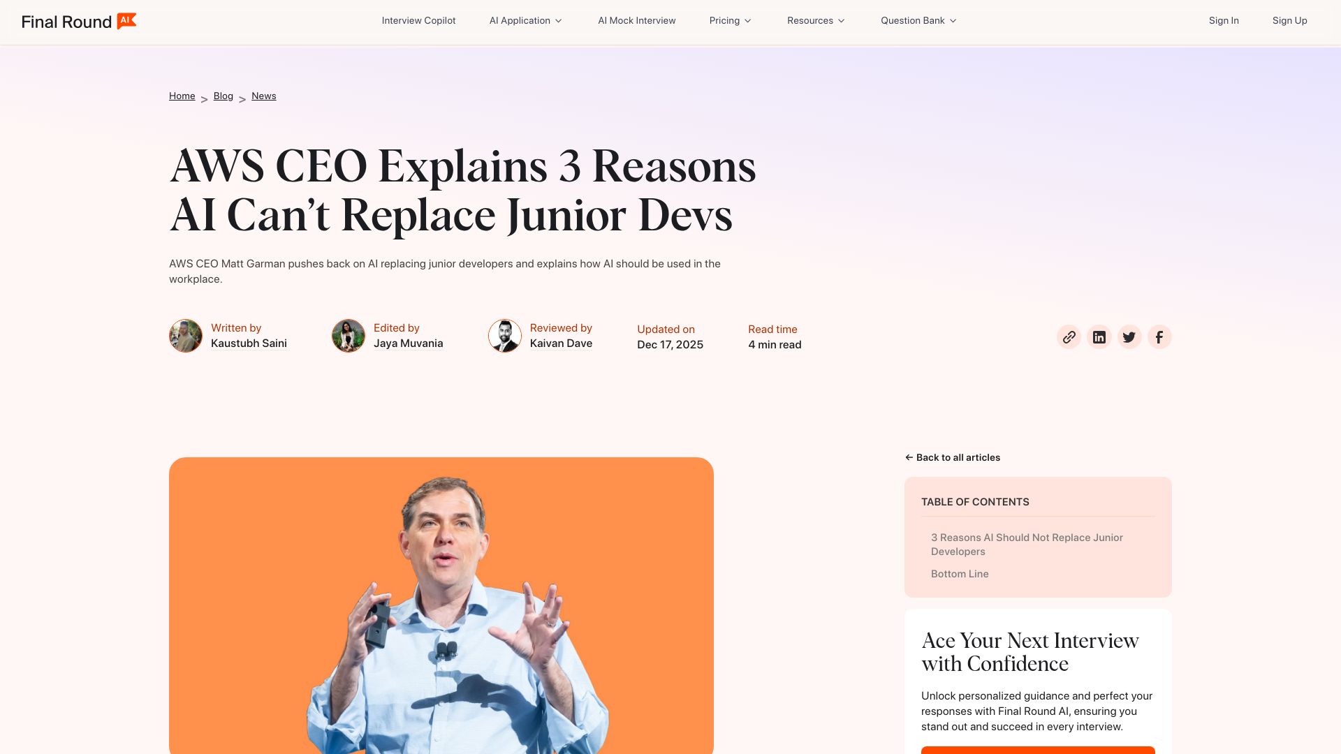 Screenshot of finalroundai.com: AWS CEO says replacing junior devs with AI is 'one of the dumbest ideas'