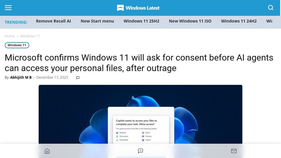 Screenshot of windowslatest.com: Windows 11 will ask consent before sharing personal files with AI after outrage