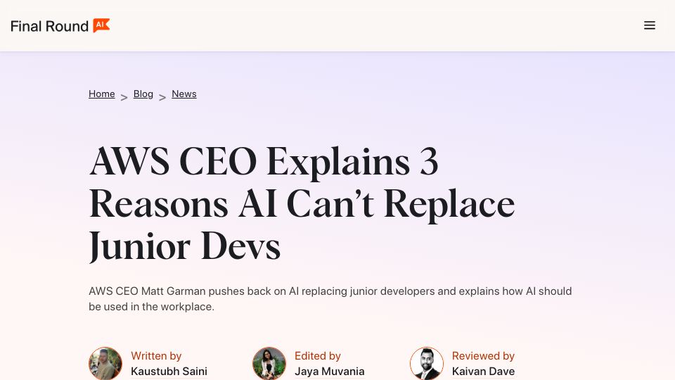Screenshot of finalroundai.com: AWS CEO says replacing junior devs with AI is 'one of the dumbest ideas'