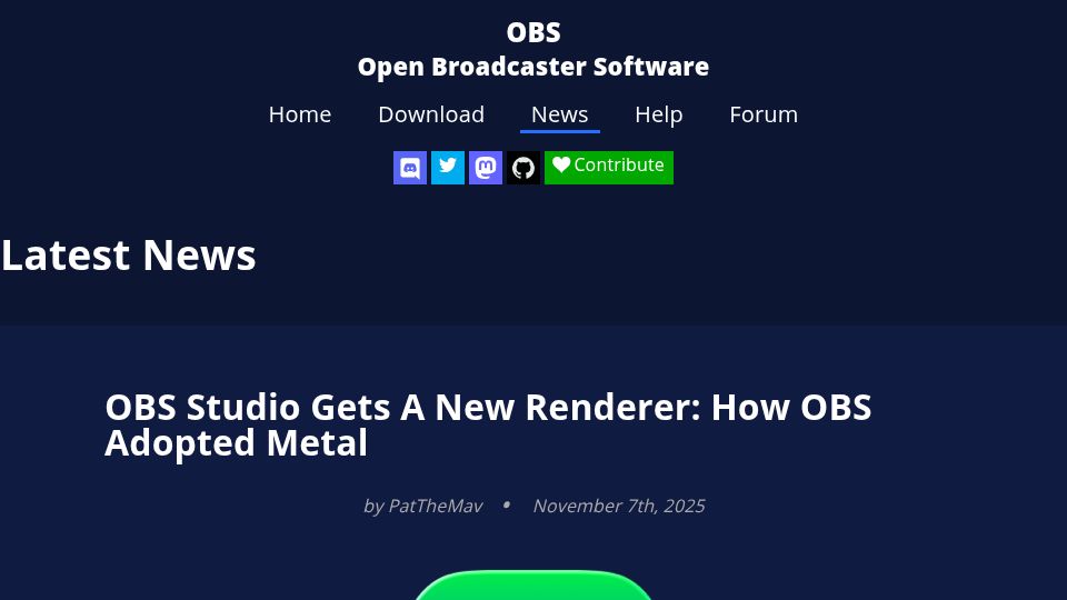 Screenshot of obsproject.com: OBS Studio Gets a New Renderer