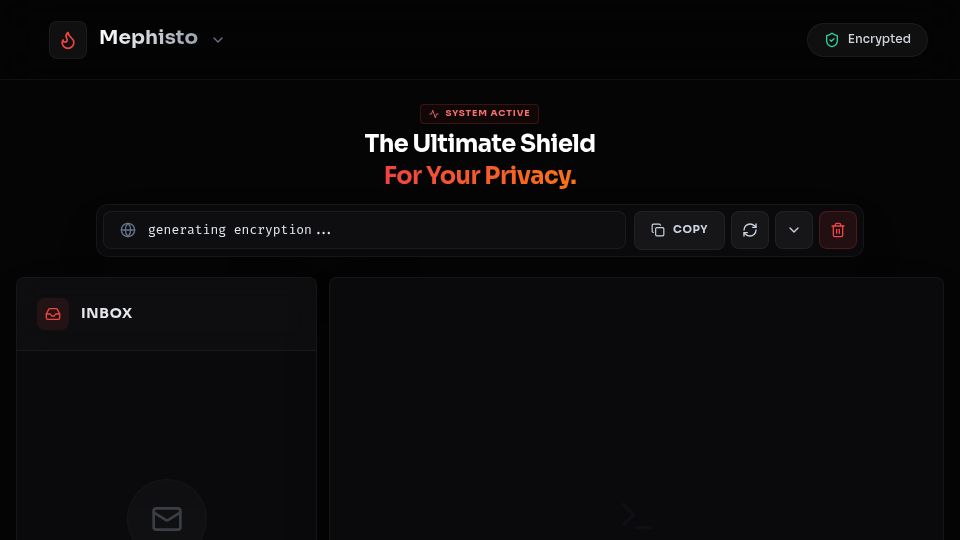 Screenshot of mephistomail.site: Show HN: Mephisto – A RAM-only, ad-free disposable email PWA built with React