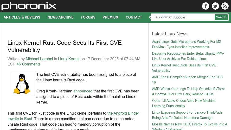Screenshot of phoronix.com: Linux Kernel Rust Code Sees Its First CVE Vulnerability