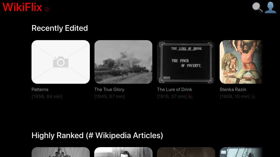 Screenshot of wikiflix.toolforge.org: WikiFlix shows us what Netflix would have been like 100 years ago