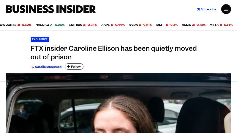 Screenshot of businessinsider.com: FTX insider Caroline Ellison has been moved out of prison