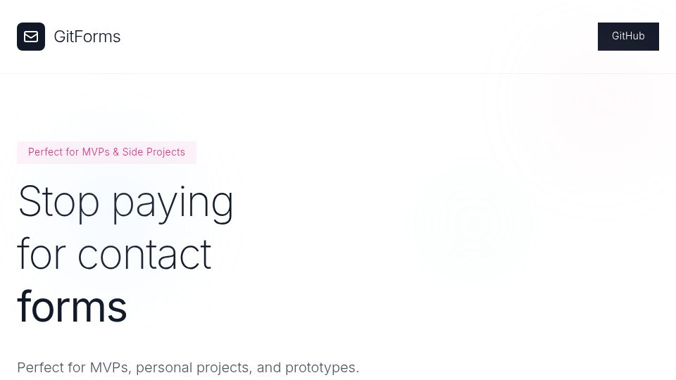 Screenshot of gitforms-landing.vercel.app: Show HN: GitForms – Zero-cost contact forms using GitHub Issues as database