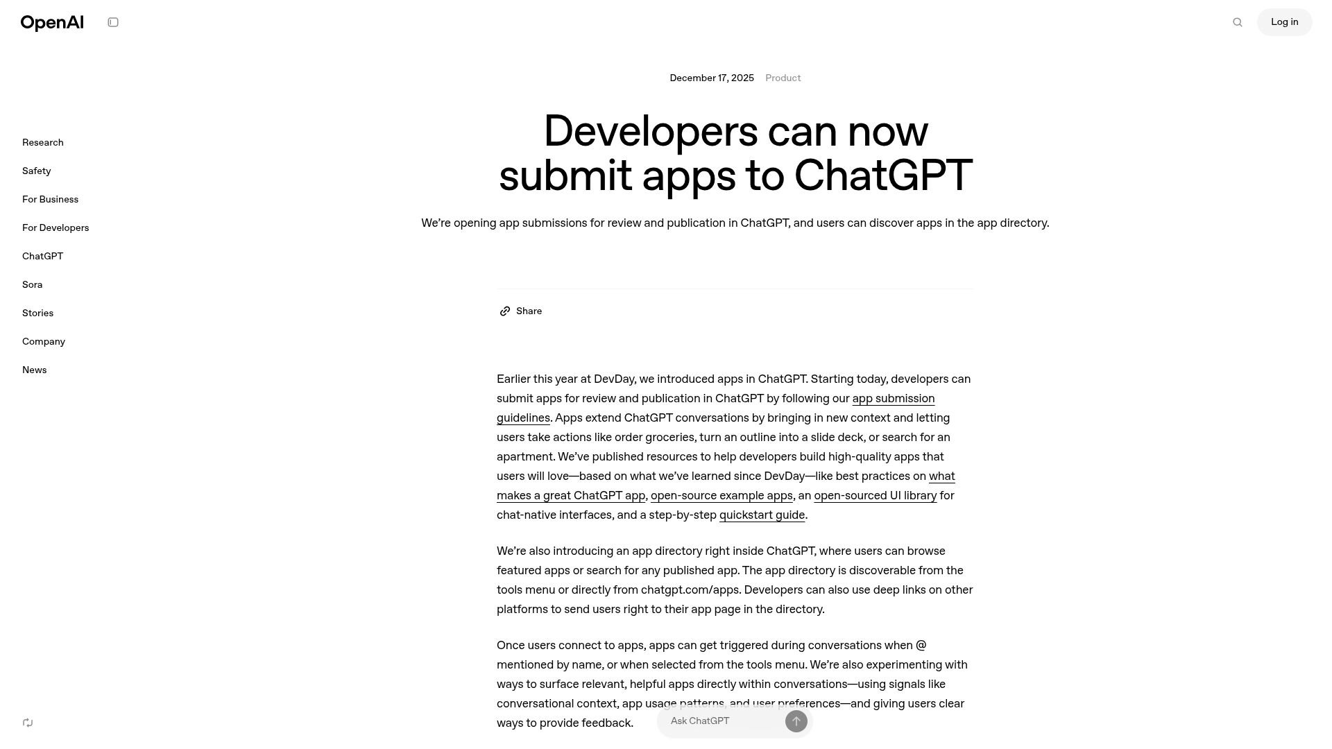 Screenshot of openai.com: Developers can now submit apps to ChatGPT