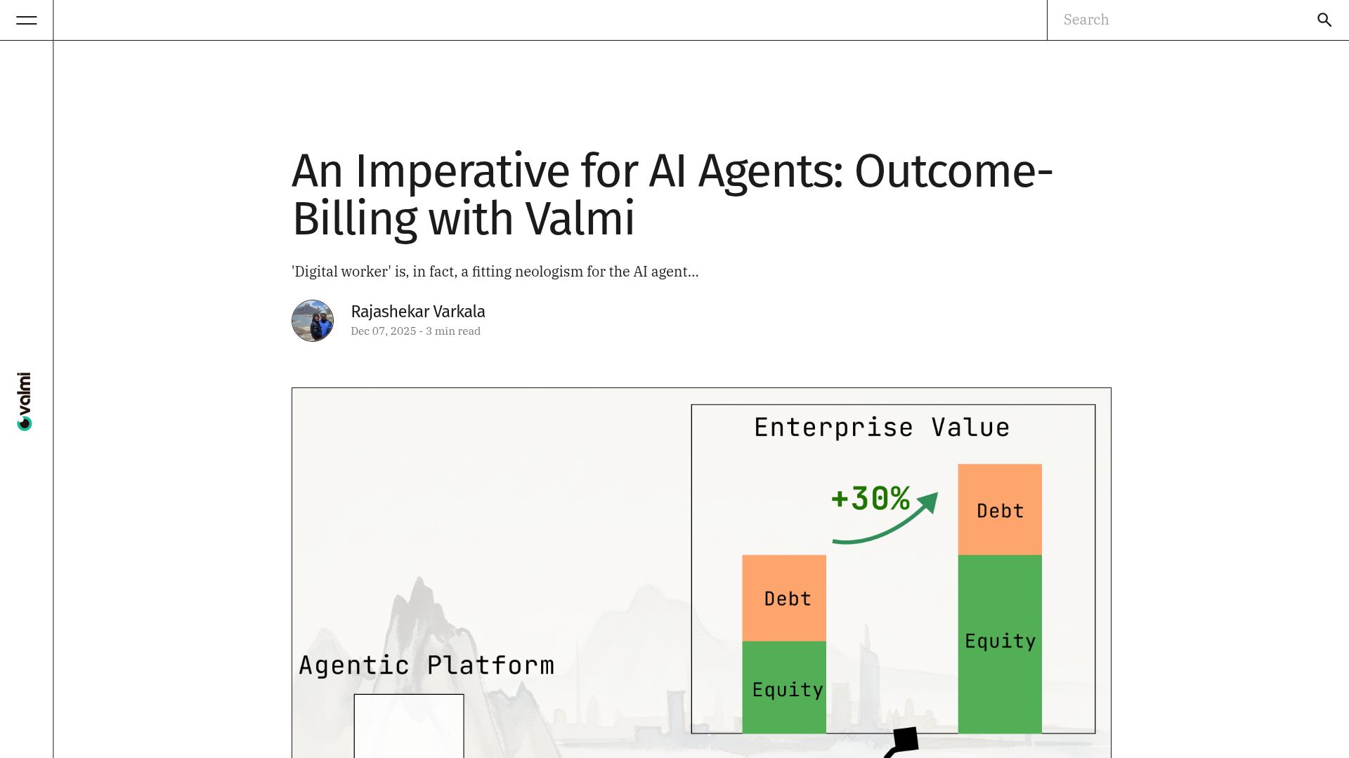 Screenshot of valmi.io: Why outcome-billing makes sense for AI Agents