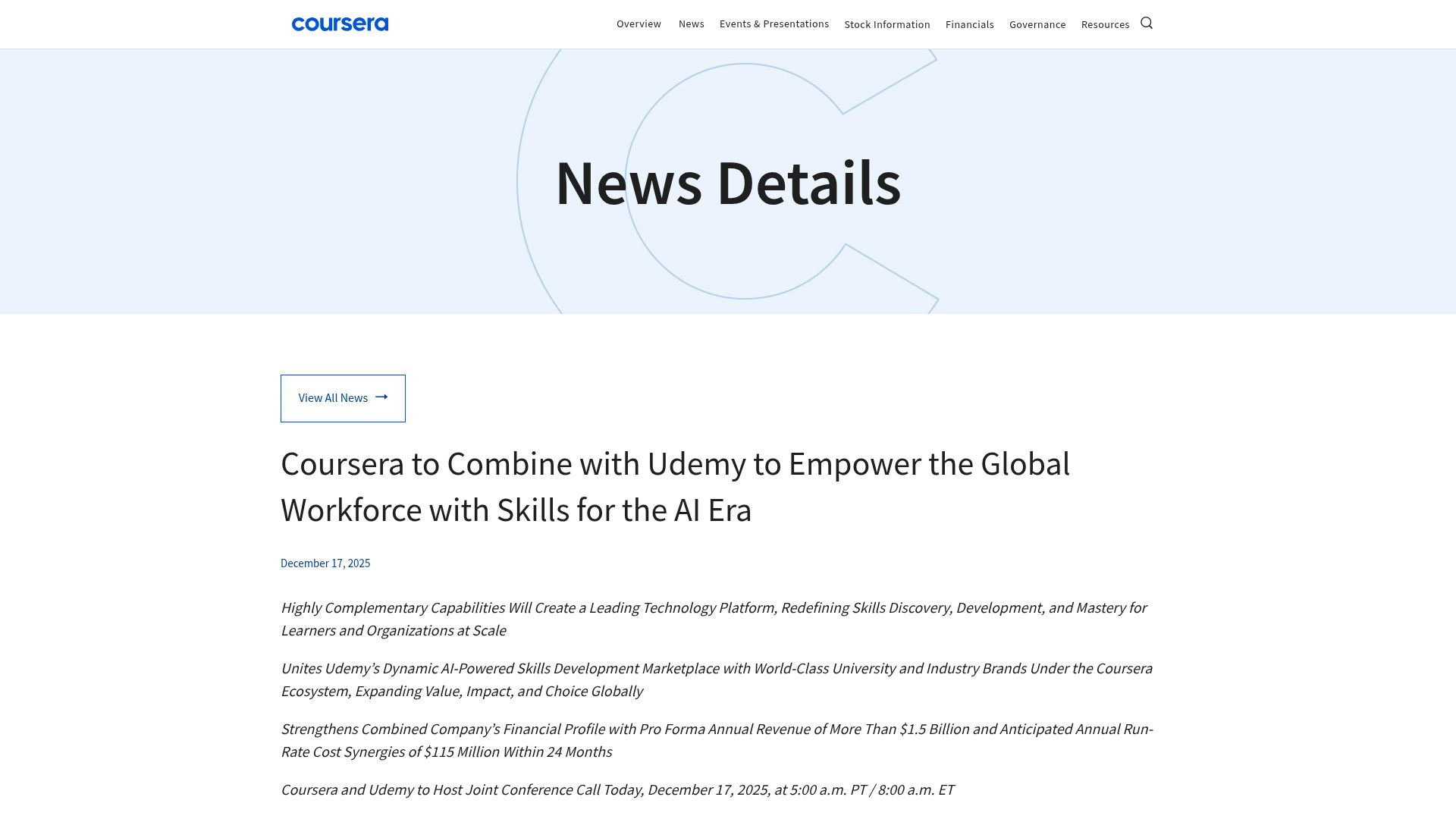 Screenshot of investor.coursera.com: Coursera to combine with Udemy