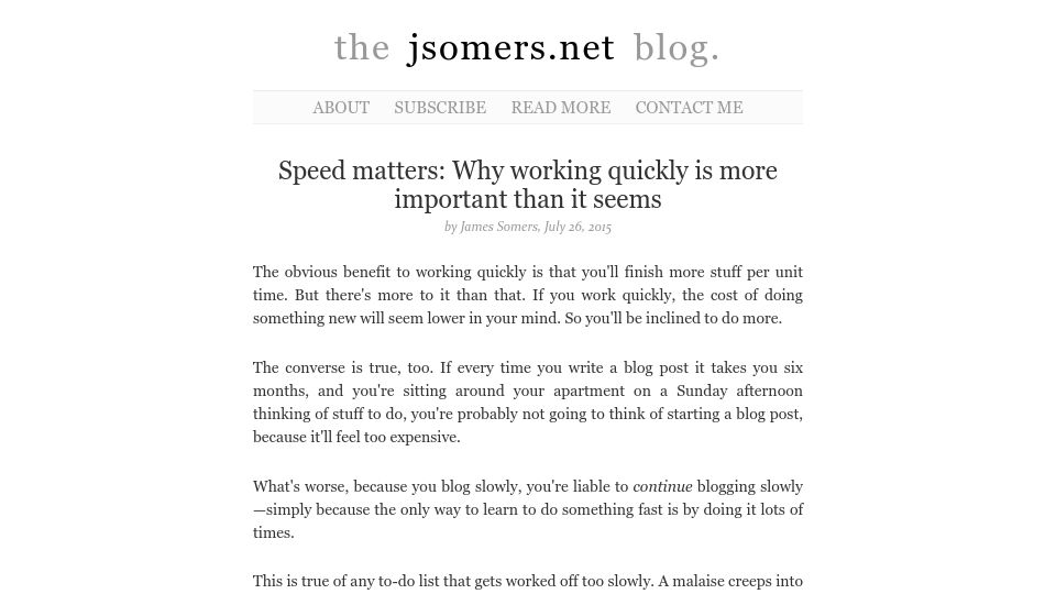 Screenshot of jsomers.net: Working quickly is more important than it seems (2015)