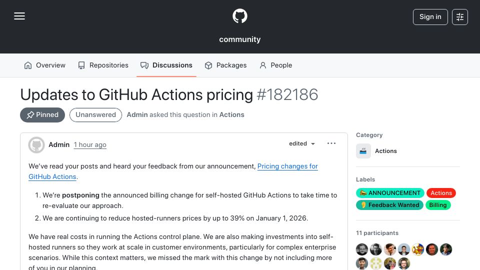 Screenshot of github.com: GitHub postponing the announced billing change to GitHub Actions