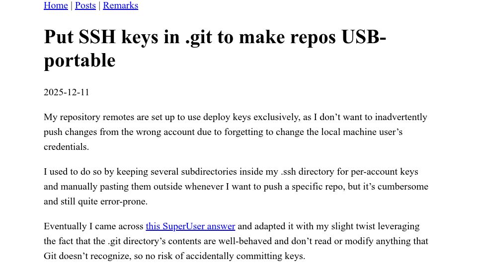 Screenshot of dansjots.github.io: Put SSH keys in .git to make repos USB-portable