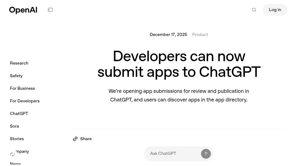 Screenshot of openai.com: Developers can now submit apps to ChatGPT