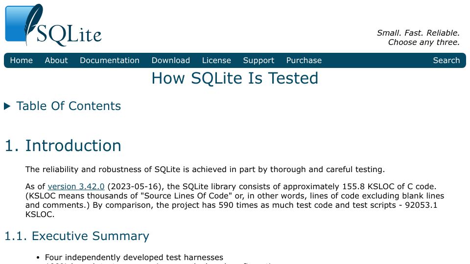Screenshot of sqlite.org: How SQLite is tested