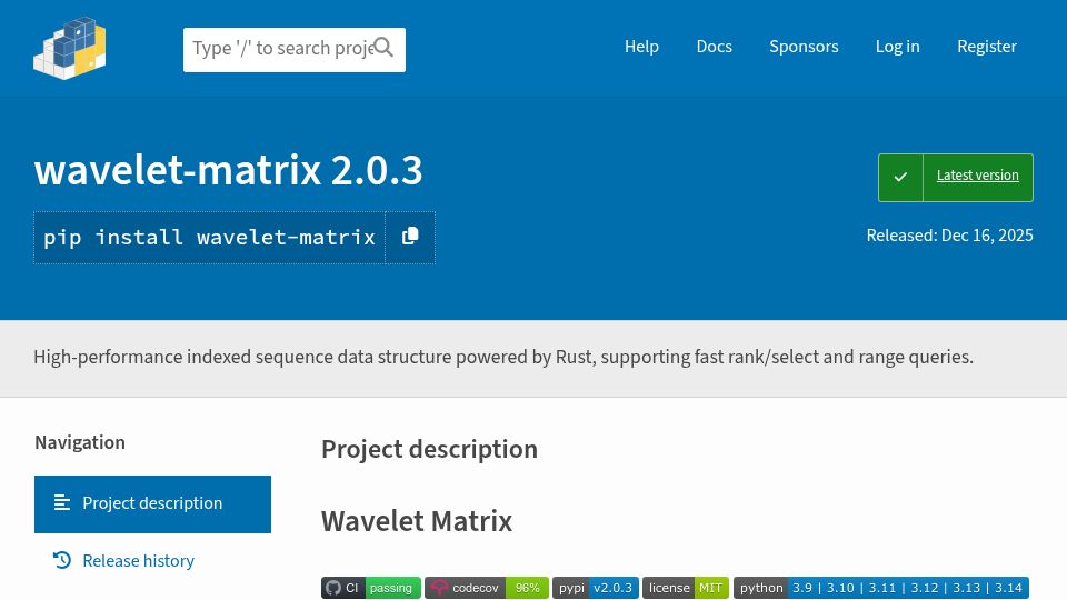 Screenshot of pypi.org: Show HN: High-Performance Wavelet Matrix for Python, Implemented in Rust