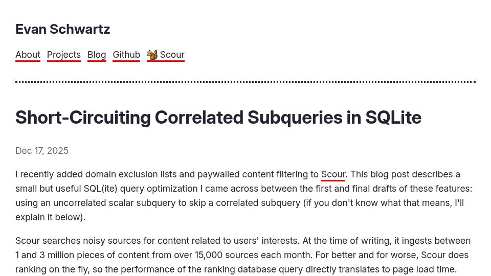 Screenshot of emschwartz.me: Short-Circuiting Correlated Subqueries in SQLite