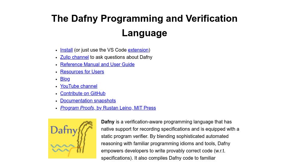 Screenshot of dafny.org: Dafny: Verification-Aware Programming Language
