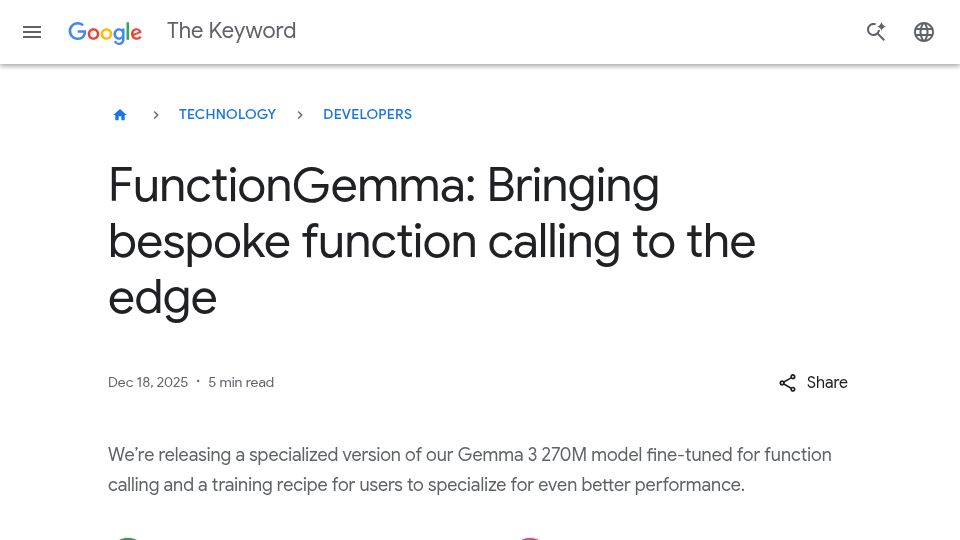 Screenshot of blog.google: FunctionGemma 270M Model