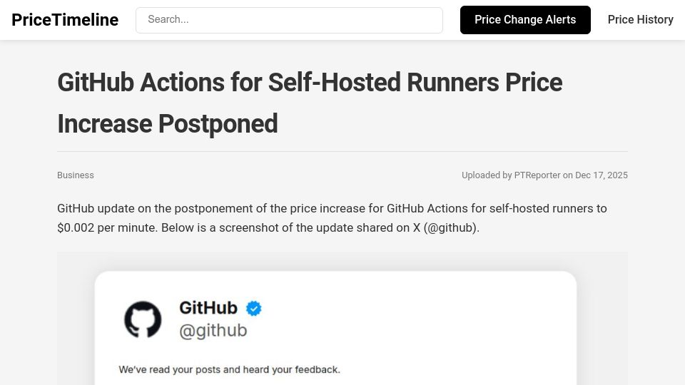 Screenshot of pricetimeline.com: GitHub Actions for self-hosted runners price increase postponed