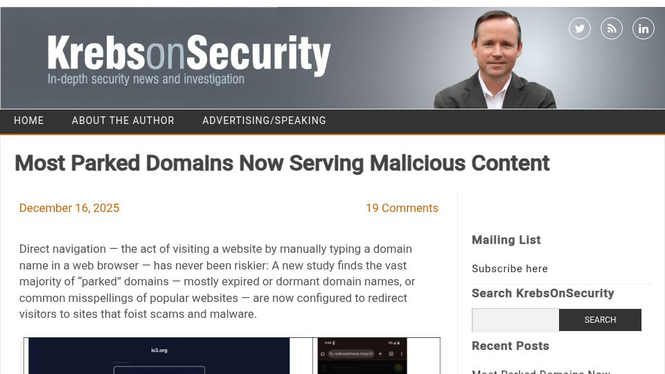 Screenshot of krebsonsecurity.com: Most parked domains now serving malicious content