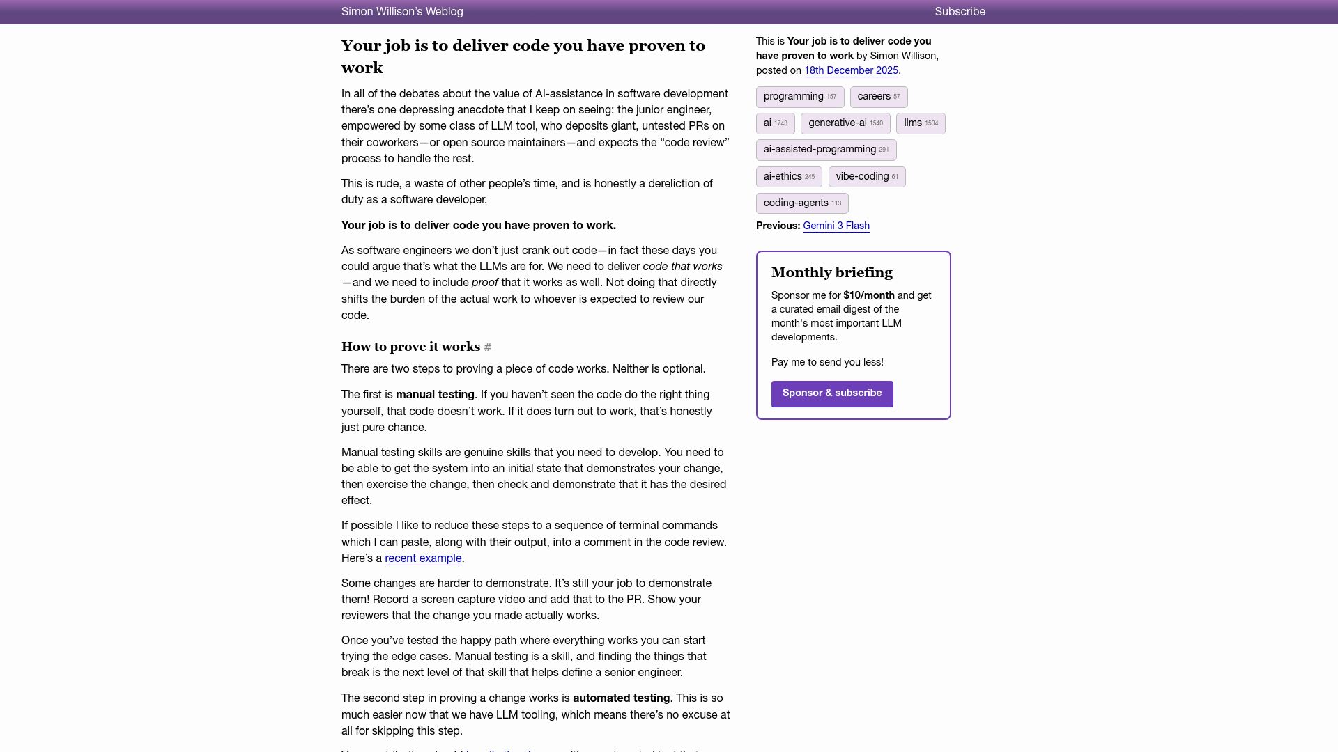 Screenshot of simonwillison.net: Your job is to deliver code you have proven to work