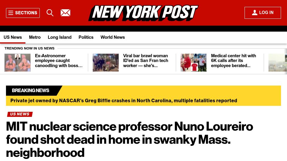 Screenshot of nypost.com: MIT nuclear science professor Nuno Loureiro found shot dead in home in Mass