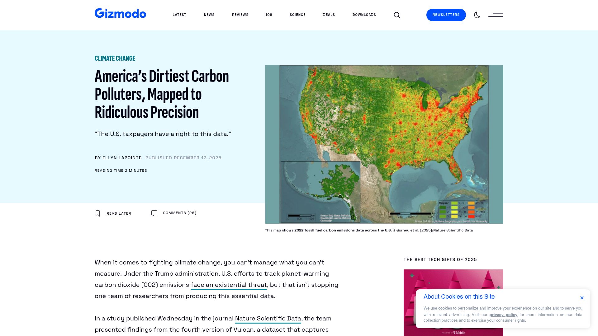 Screenshot of gizmodo.com: America's Dirtiest Carbon Polluters, Mapped to Ridiculous Precision