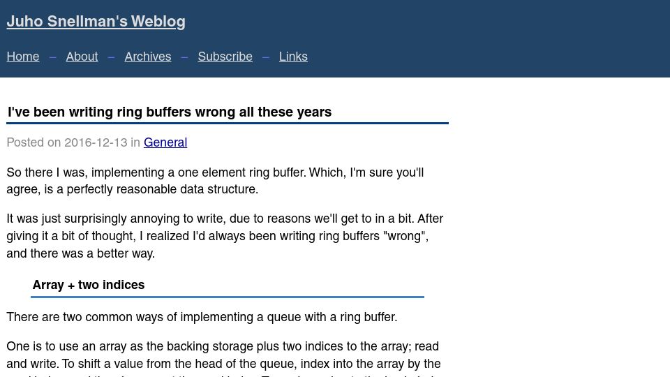 Screenshot of snellman.net: I've been writing ring buffers wrong all these years (2016)