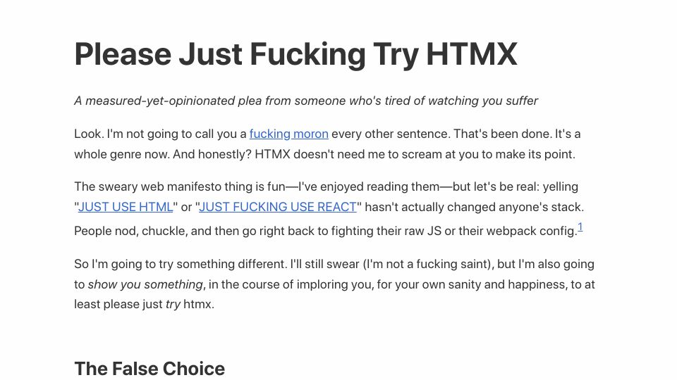 Screenshot of pleasejusttryhtmx.com: Please just try HTMX
