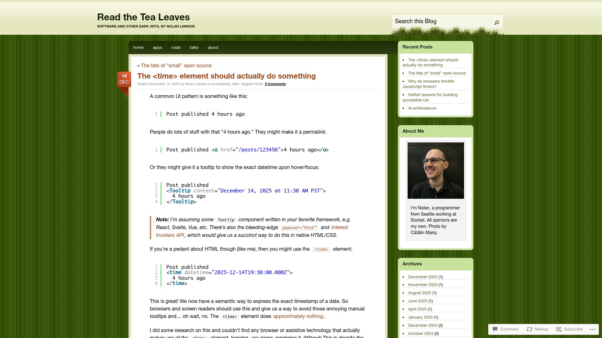 Screenshot of nolanlawson.com: The <time> element should do something