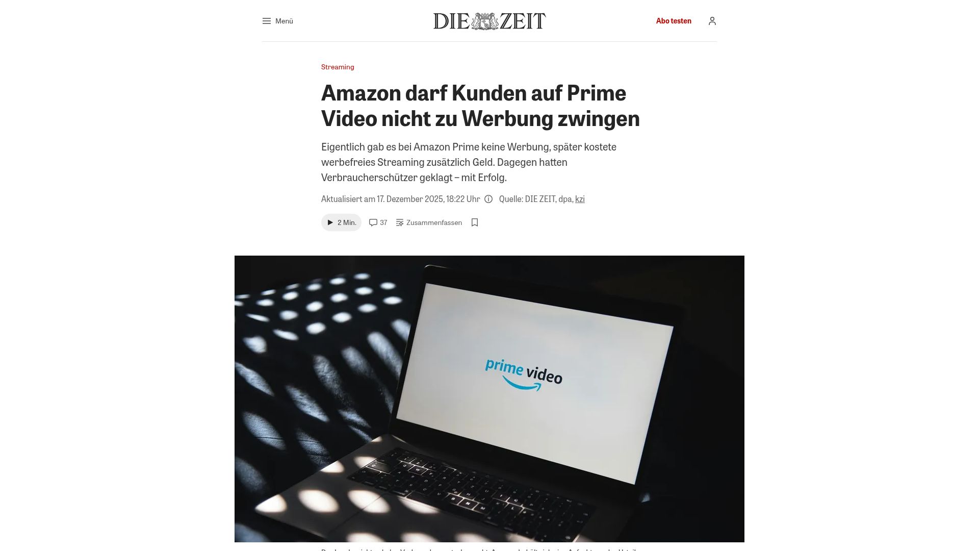 Screenshot of zeit.de: Germany: Amazon is not allowed to force customers to watch ads on Prime Video