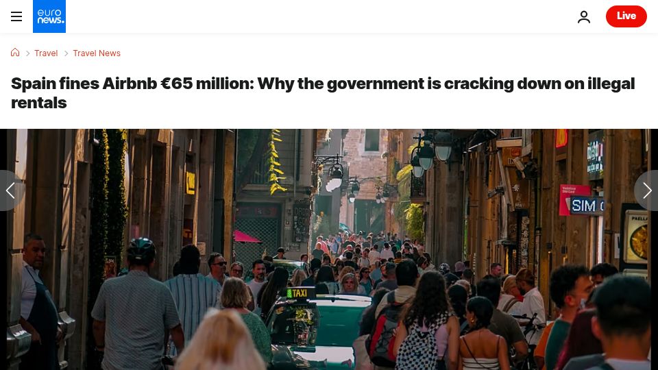 Screenshot of euronews.com: Spain fines Airbnb €65M: Why the government is cracking down on illegal rentals