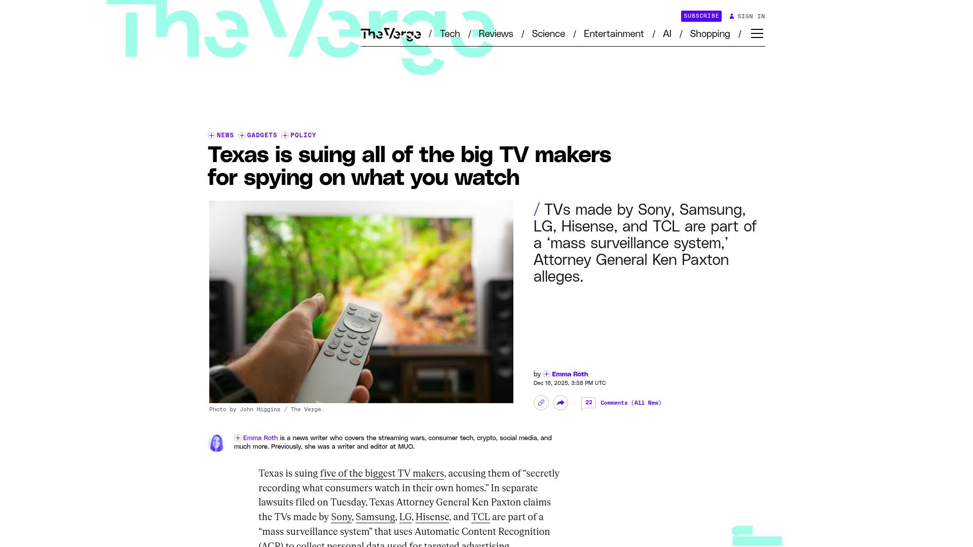 Screenshot of theverge.com: Texas is suing all of the big TV makers for spying on what you watch