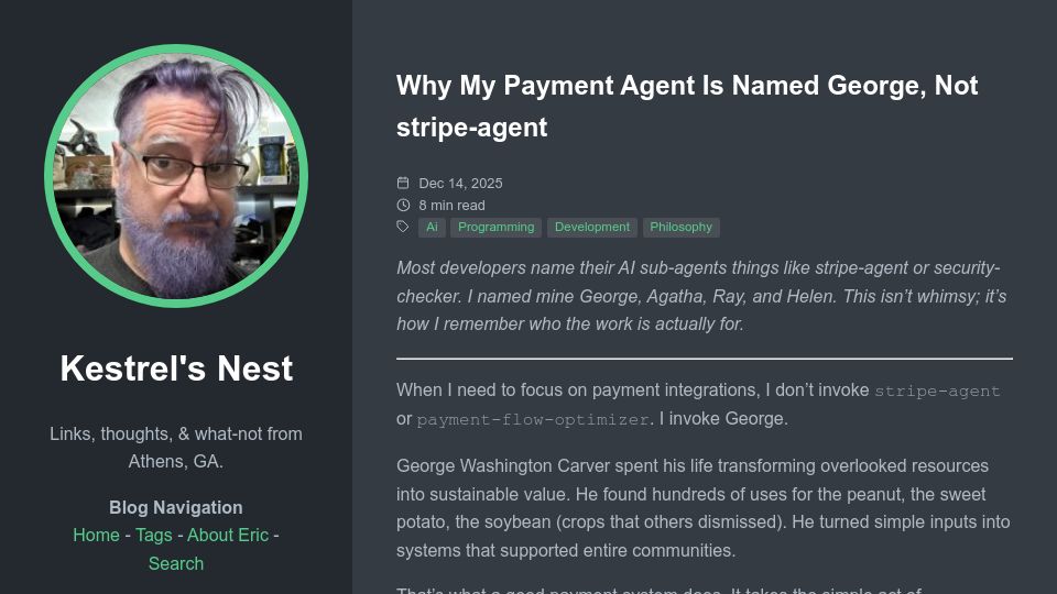 Screenshot of blog.kestrelsnest.social: My payment agent is named George, not stripe-agent