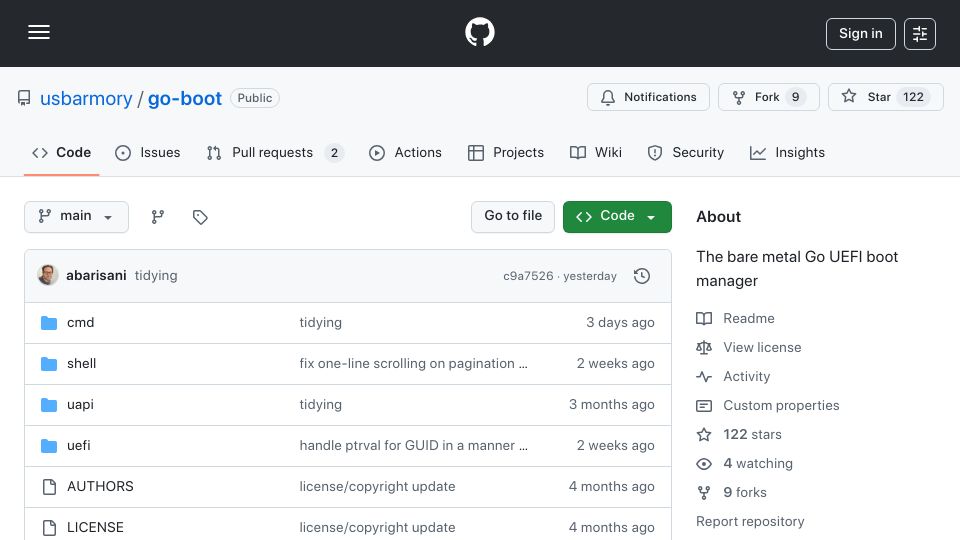 Screenshot of github.com: Go-boot: bare metal Go UEFI boot manager