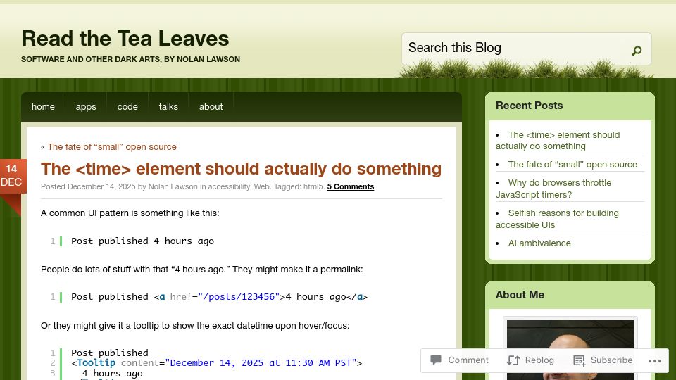Screenshot of nolanlawson.com: The <time> element should do something