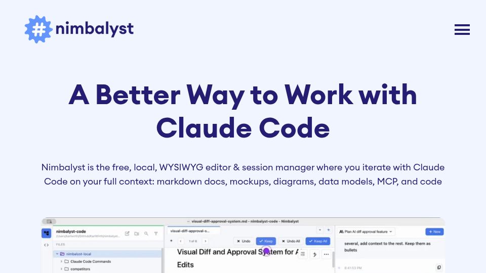Screenshot of nimbalyst.com: Local WYSIWYG Markdown, mockup, data model editor powered by Claude Code