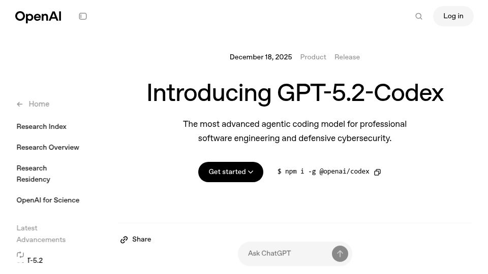 Screenshot of openai.com: GPT-5.2-Codex