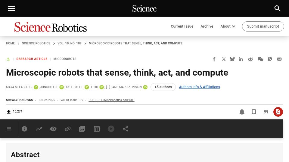 Screenshot of science.org: Microscopic robots that sense, think, act, and compute