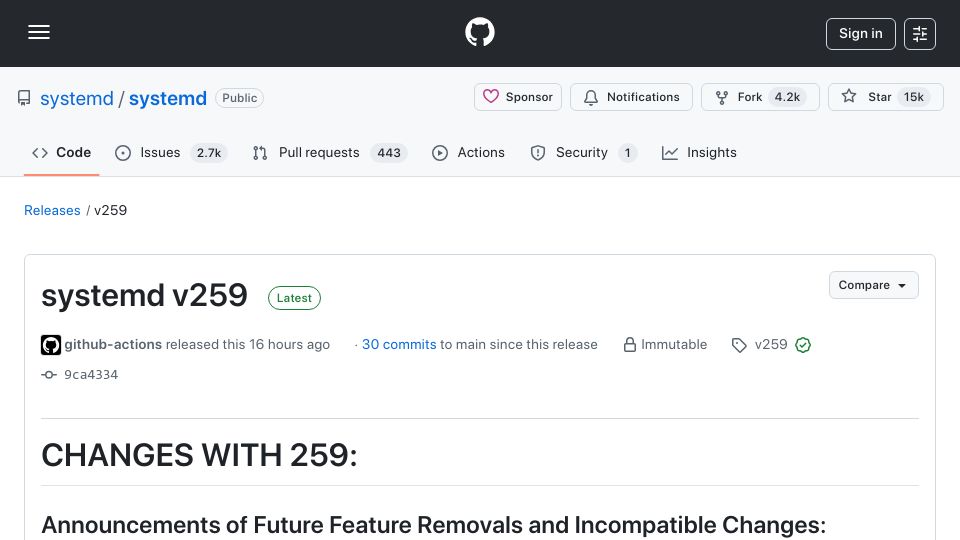 Screenshot of github.com: systemd v259 Released