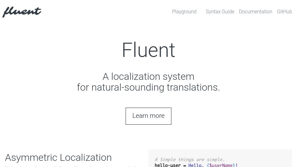 Screenshot of projectfluent.org: Fluent: A Localization System for Natural-Sounding Translations